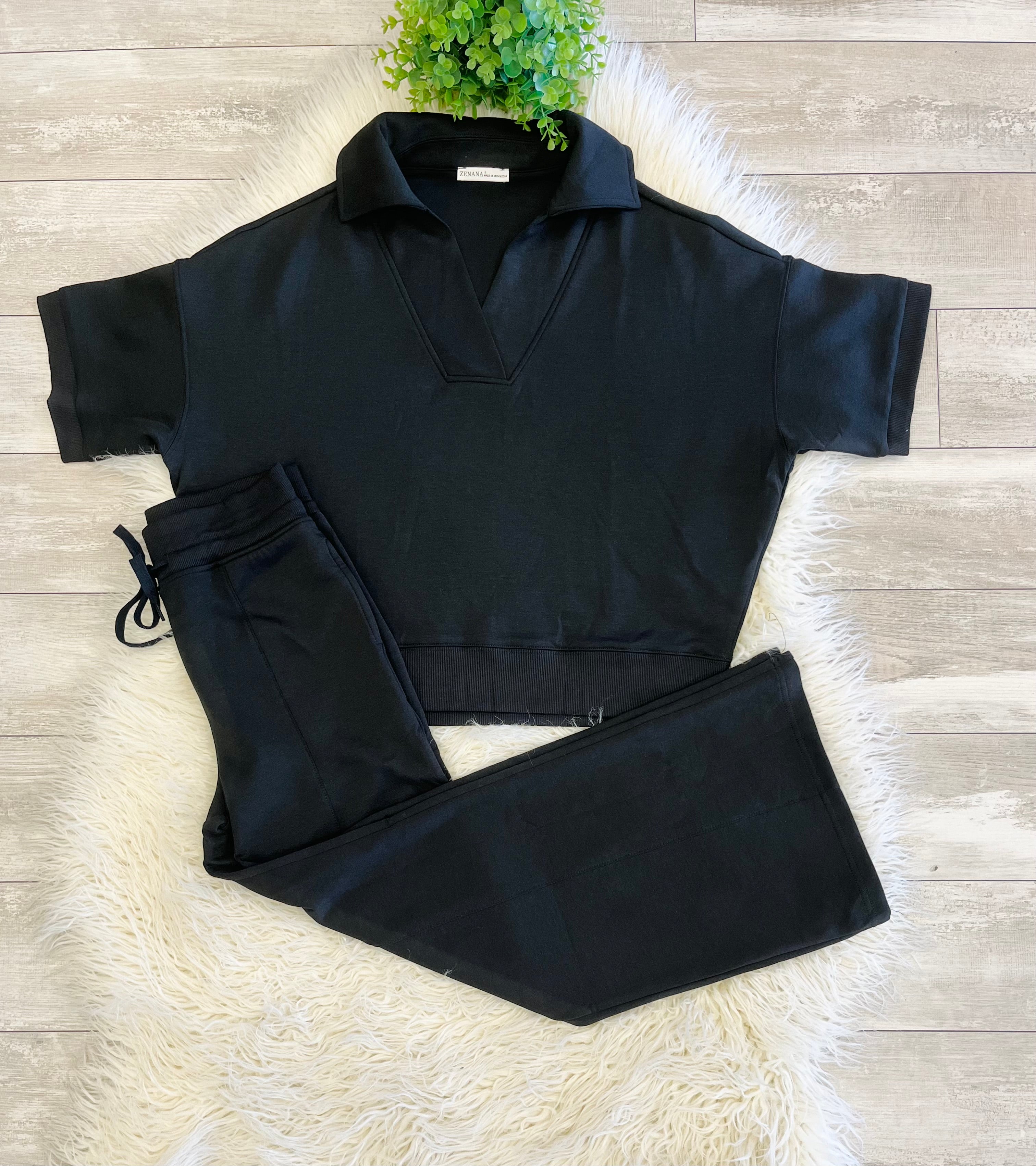 Women’s Zenana Short Sleeve Collared Scuba Set in Jet Black
