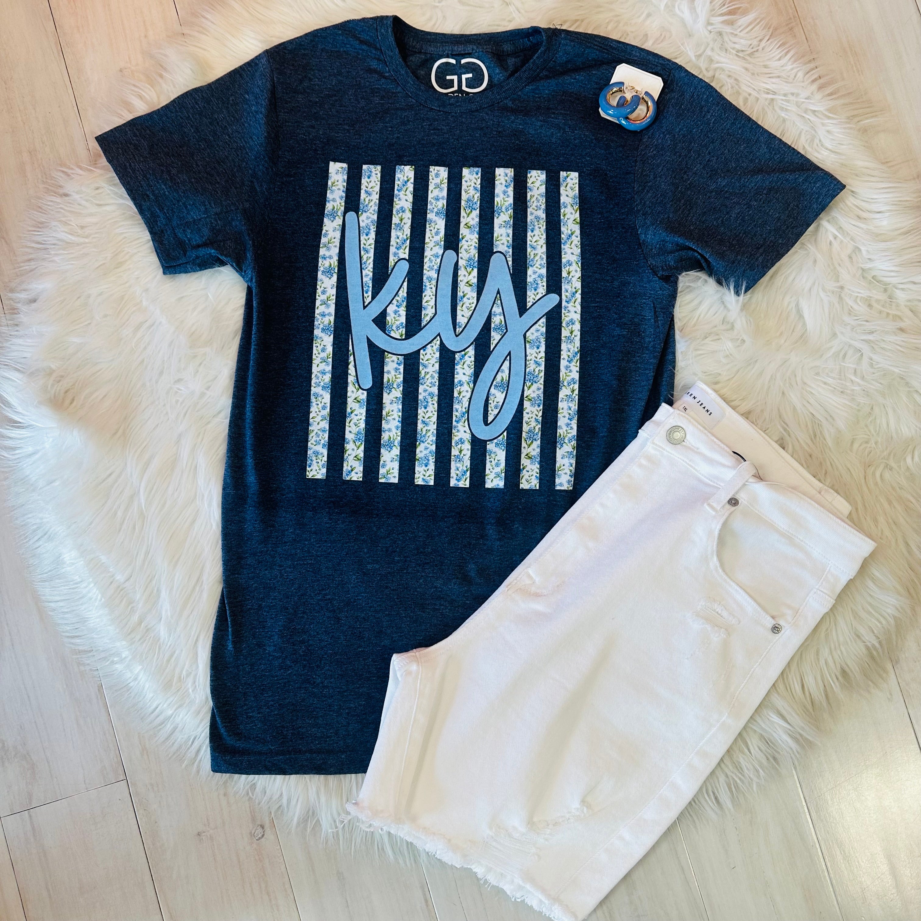 Women’s blue floral stripe KY tee shirt