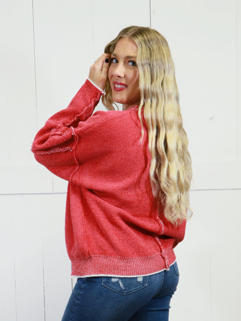 Women’s Basic Zenana Exposed Seam Round Neck Sweater Dark Red Pullover