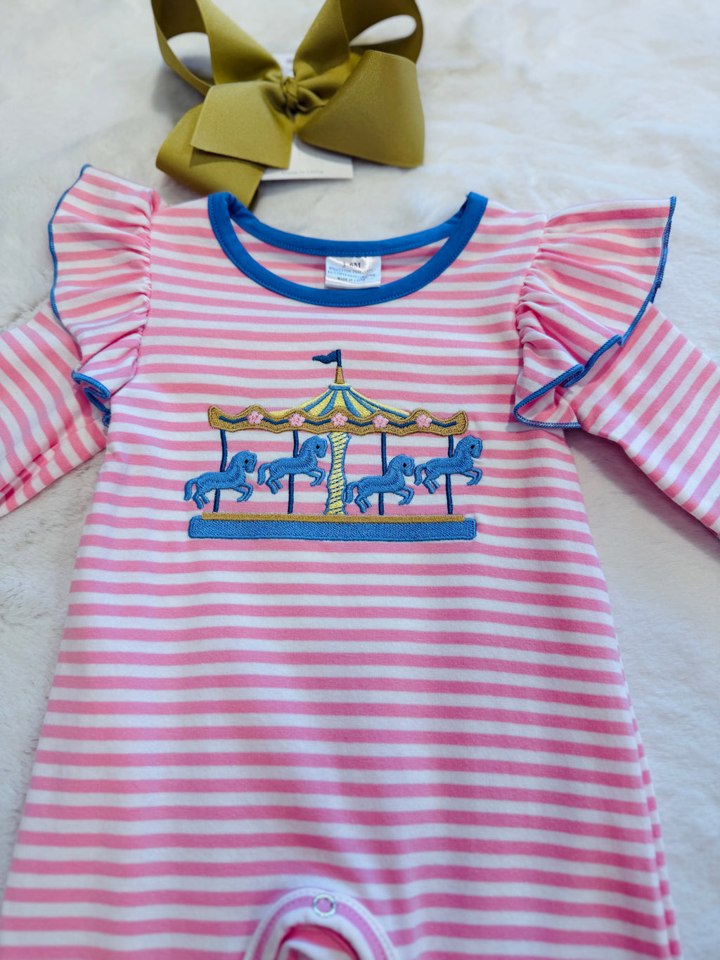 Girls Pink Carousal Embroidered Romper