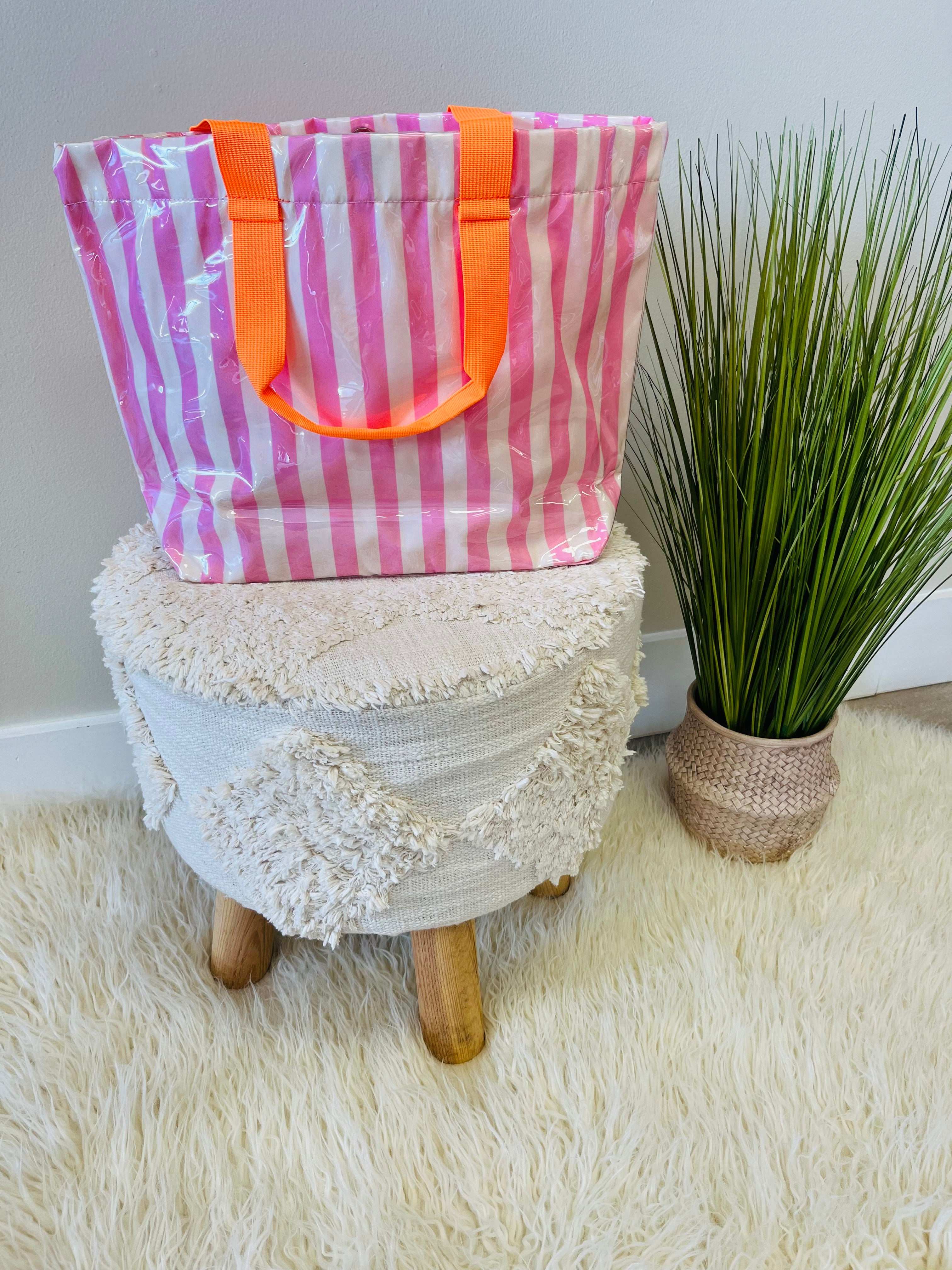 Women’s Pink & Cream Large Stripe Vinyl Tote Bag