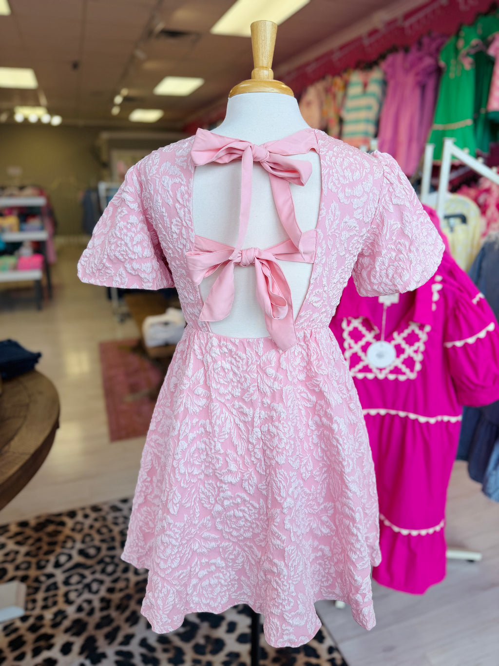 Women’s Blush Jacquard Mini Dress with Puff Sleeves and Tie Back