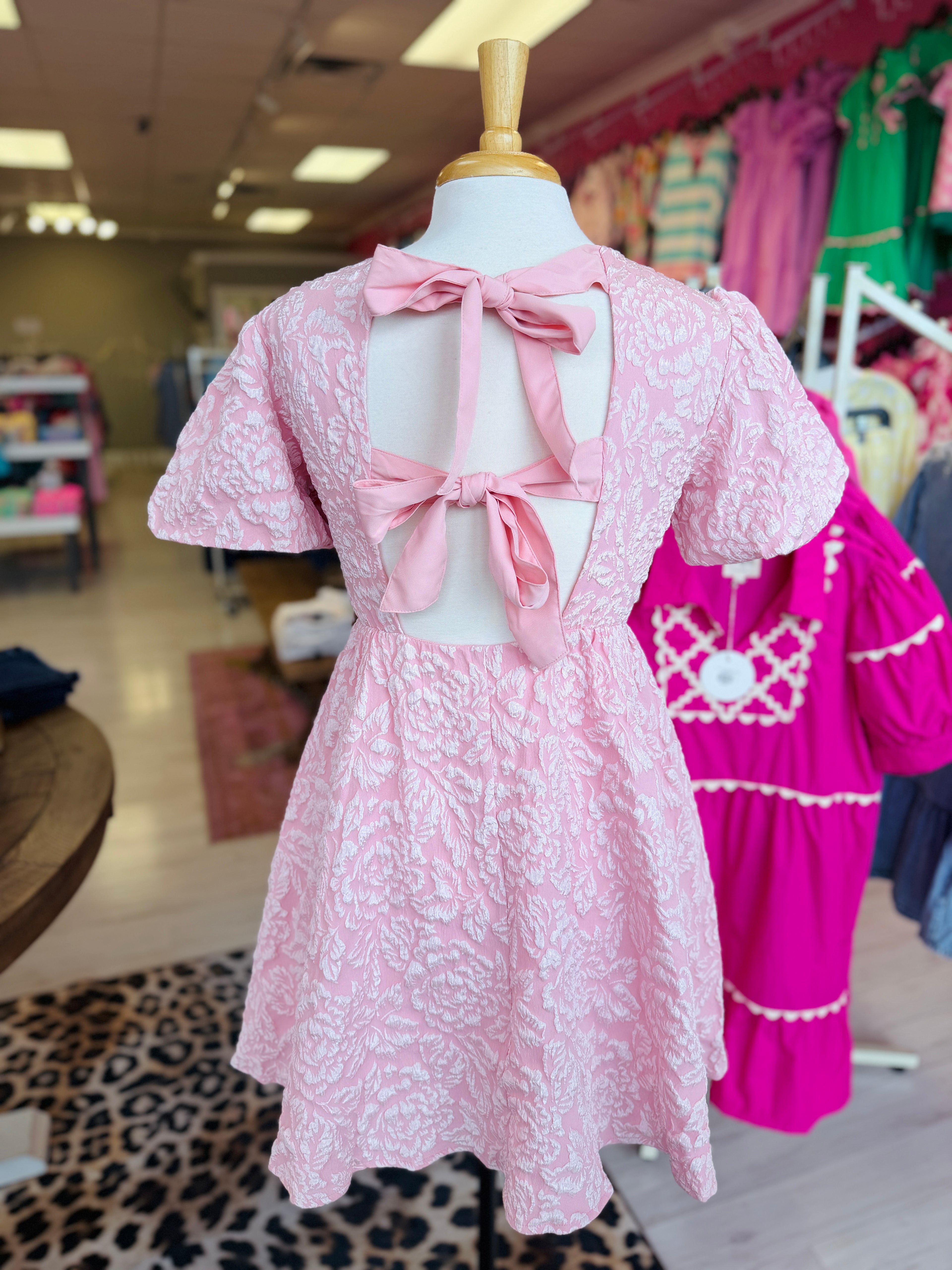 Women’s Blush Jacquard Mini Dress with Puff Sleeves and Tie Back