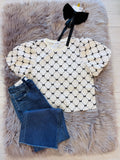 Women’s Textured Bubble Sleeve Bow Print Top
