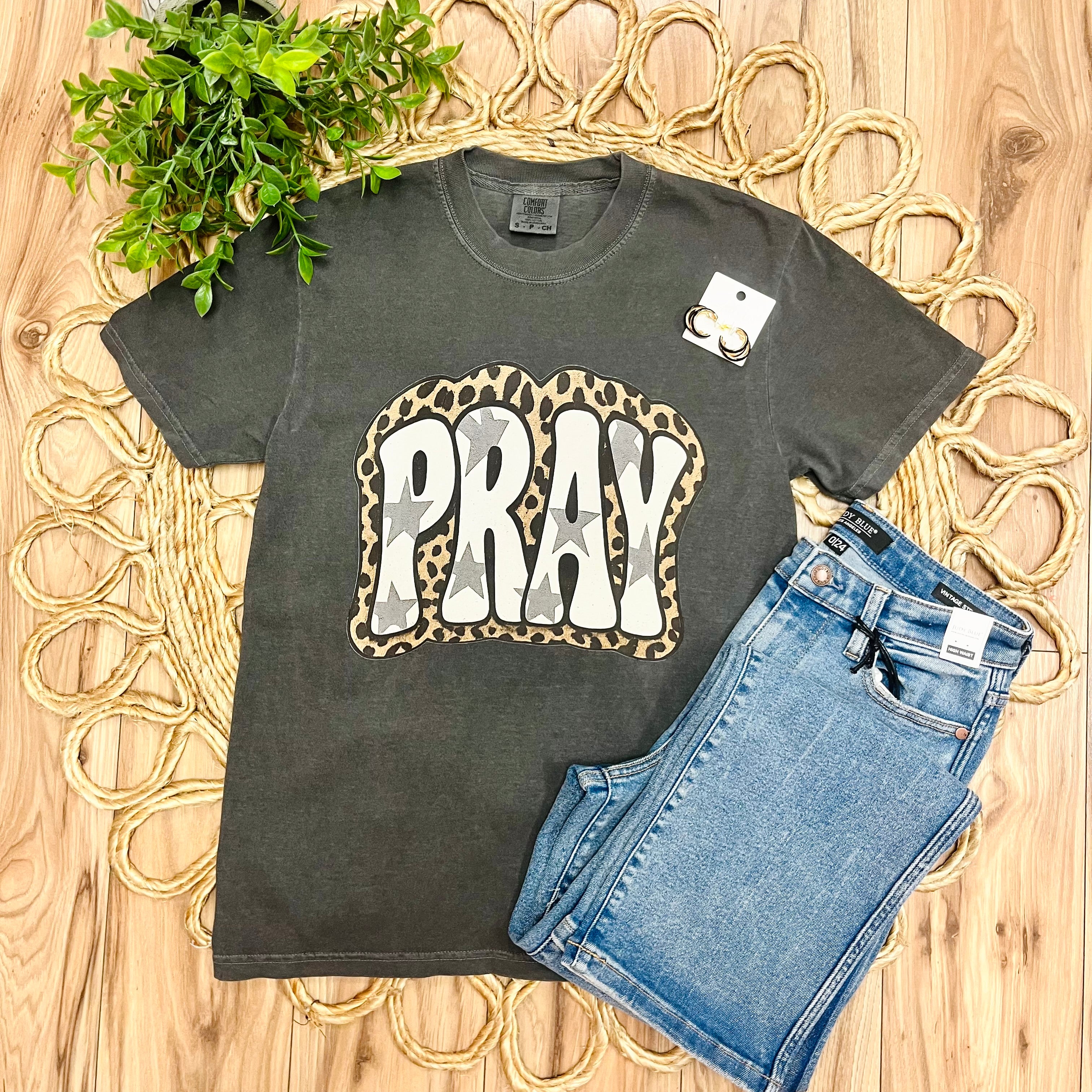 Women’s Charcoal Gray “Pray” Cheetah Print Tee