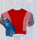 Women’s Evermmee Red Stripe Pullover with Leopard Sleeves