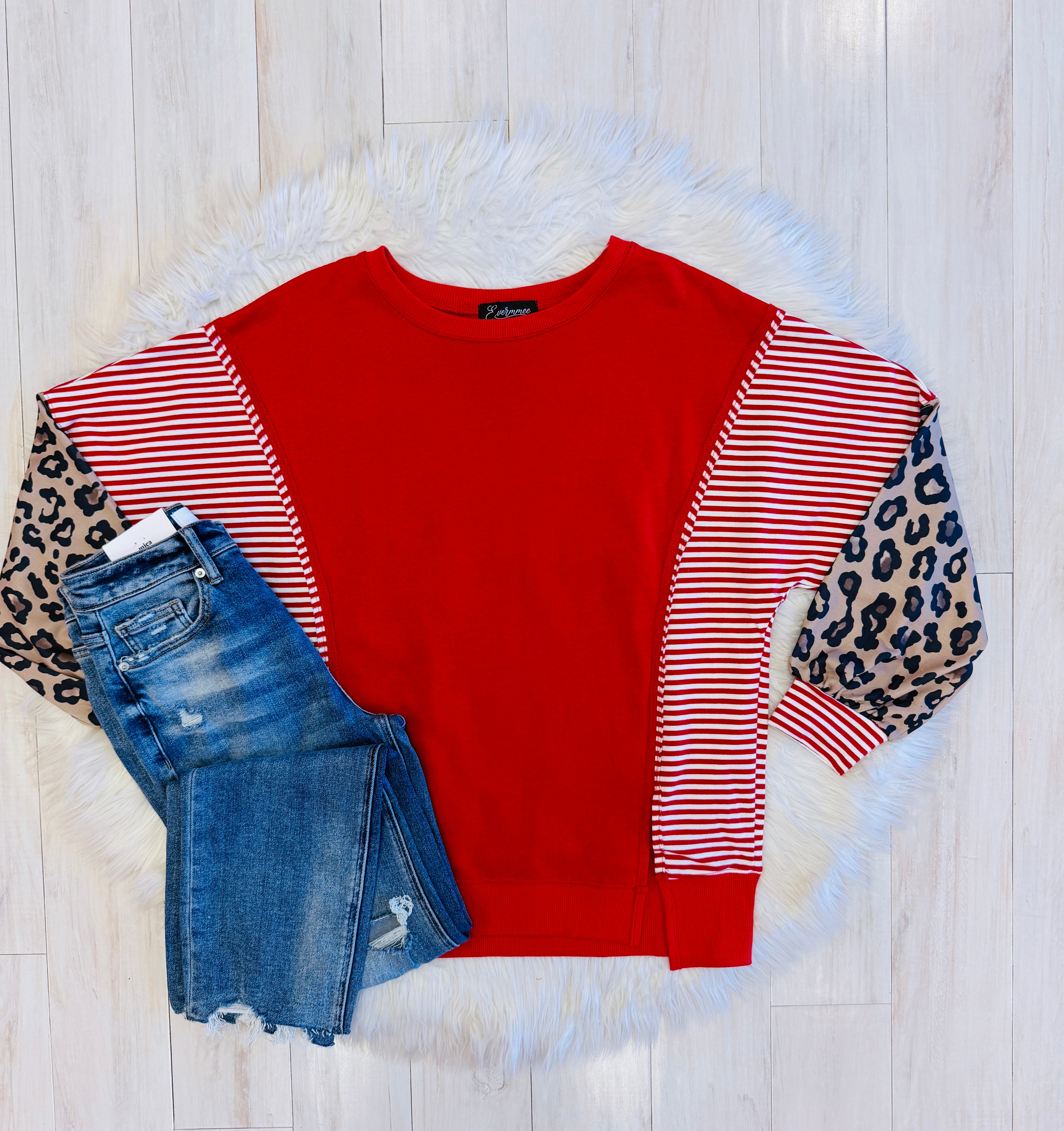Women’s Evermmee Red Stripe Pullover with Leopard Sleeves