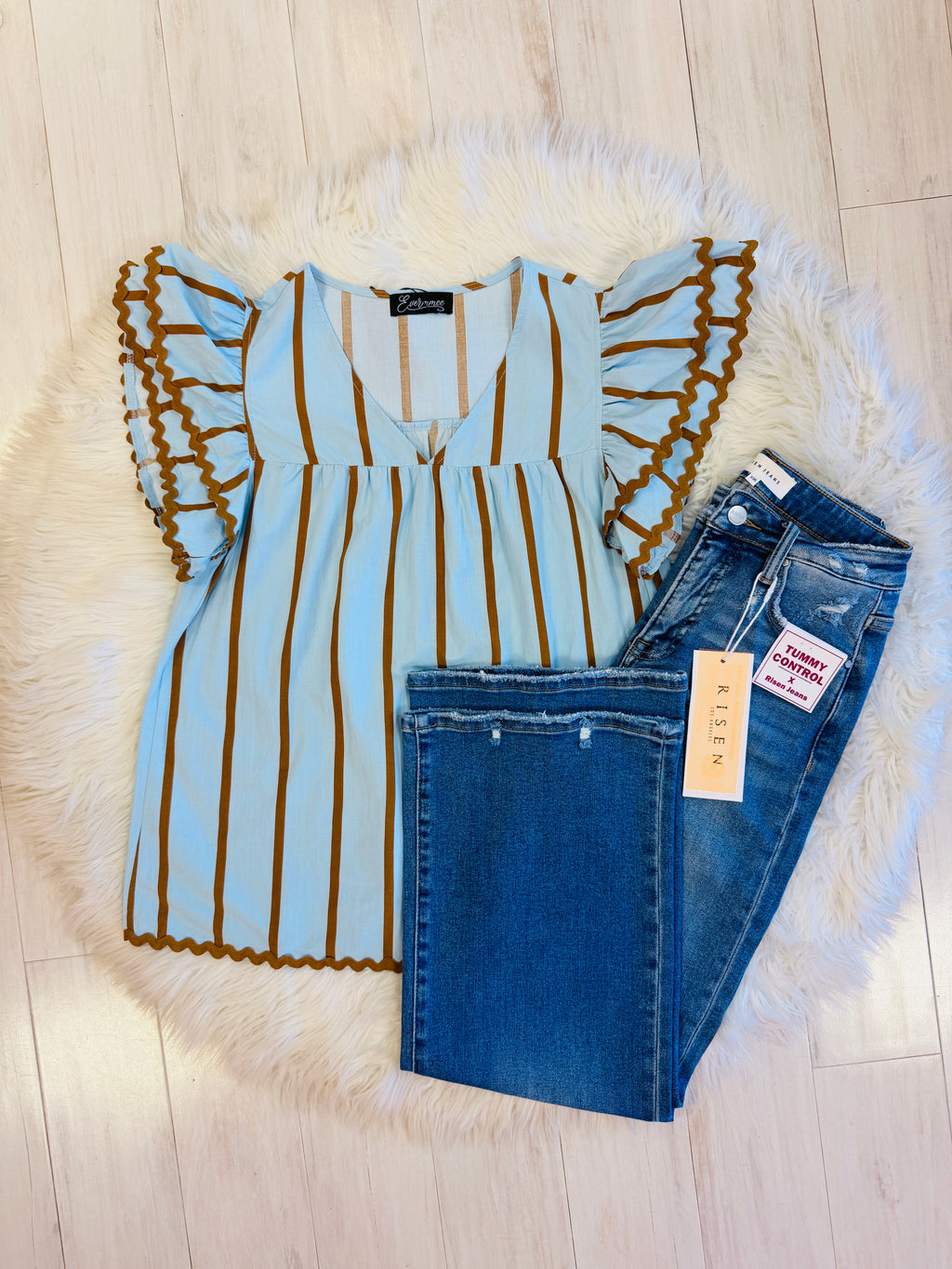 Blue Stripe Evermmee Ruffle Sleeve Top With RicRac Trim