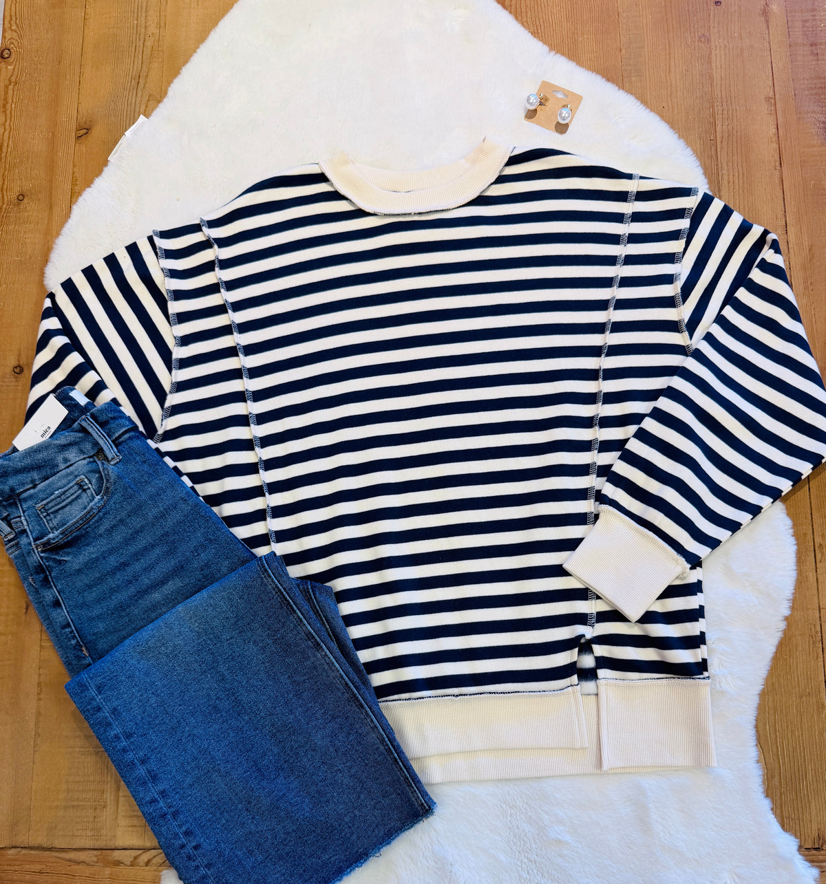 Women’s Zenana Navy Stripe Pullover with Side Slits