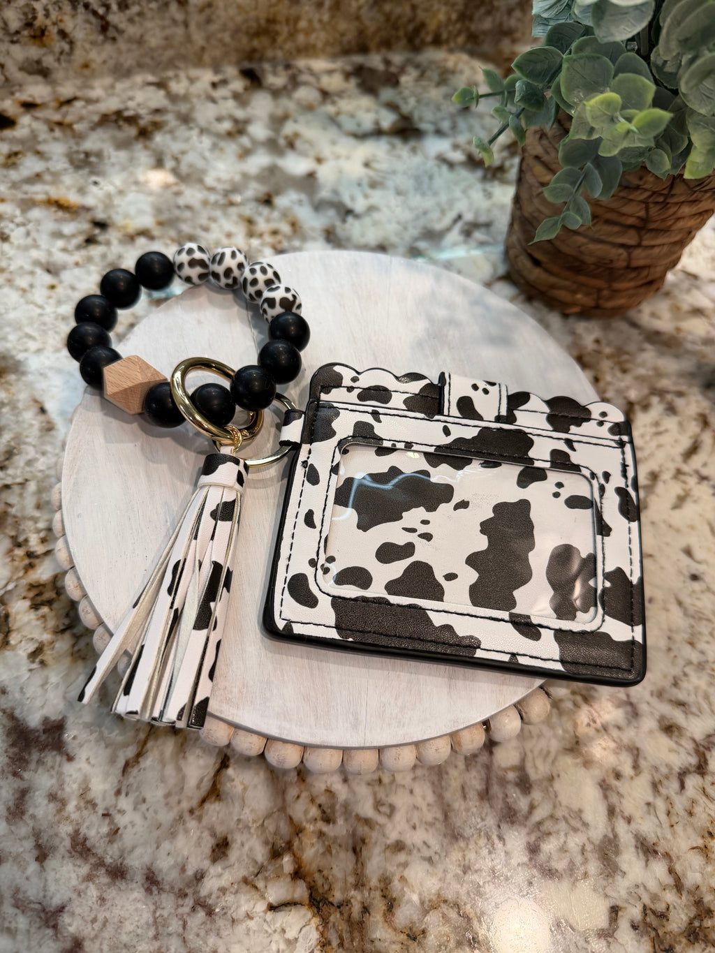 Wristlet ID Badge Pouch Keychain Black Cow Print