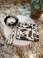 Wristlet ID Badge Pouch Keychain Black Cow Print