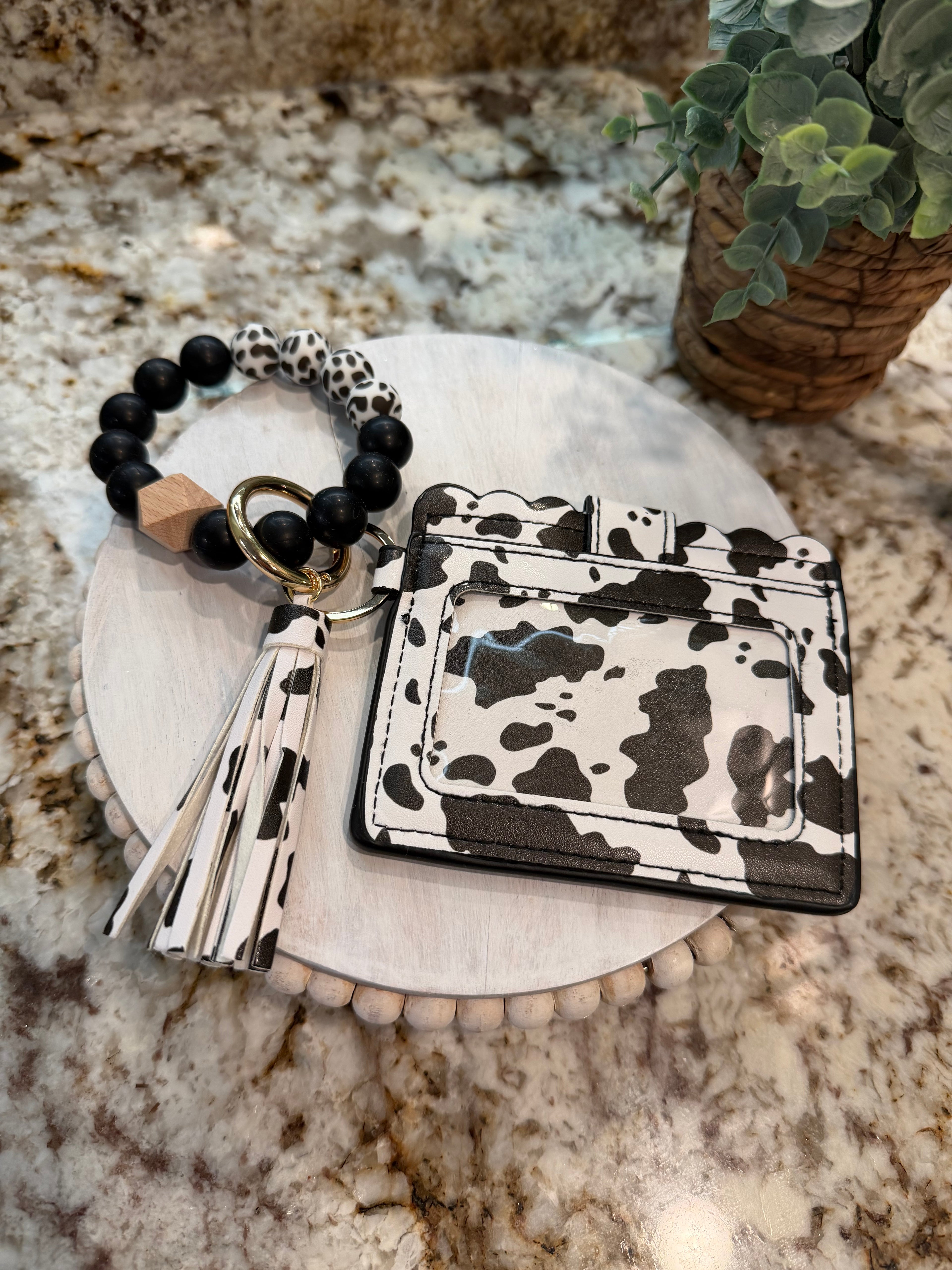 Wristlet ID Badge Pouch Keychain Black Cow Print
