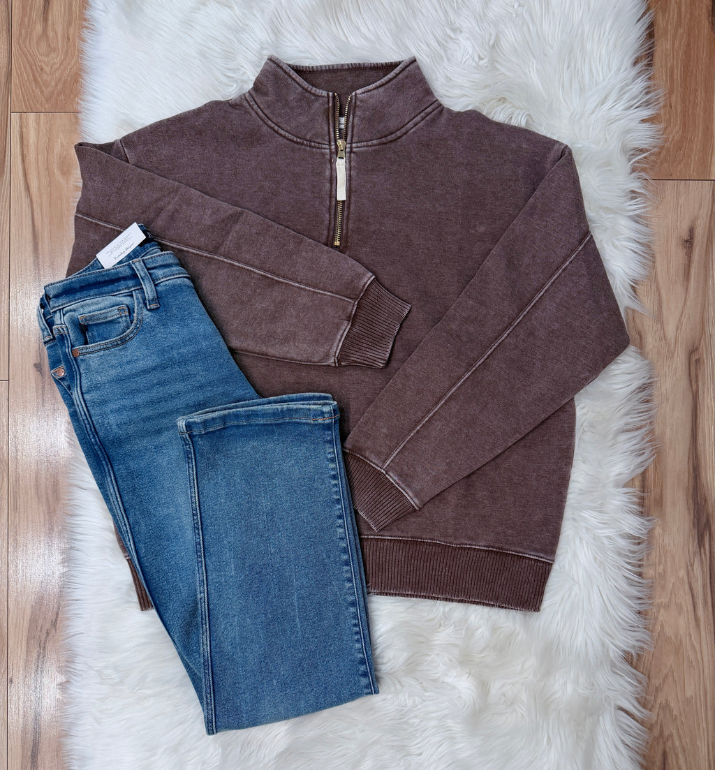 Women’s Zenana Mocha Acid Wash Quarter Zip Pullover True to Size