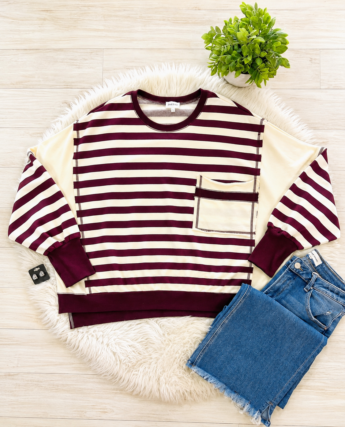 Women’s Peach Love Striped Burgundy Sweater Top