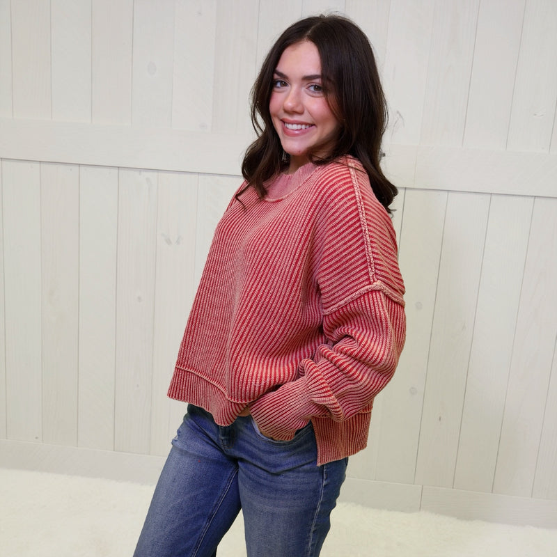 Dark Red Washed Side Slit Oversized Cropped Sweater