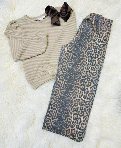 Girl's Leopard Denim Pants - Mini Mee Boutique