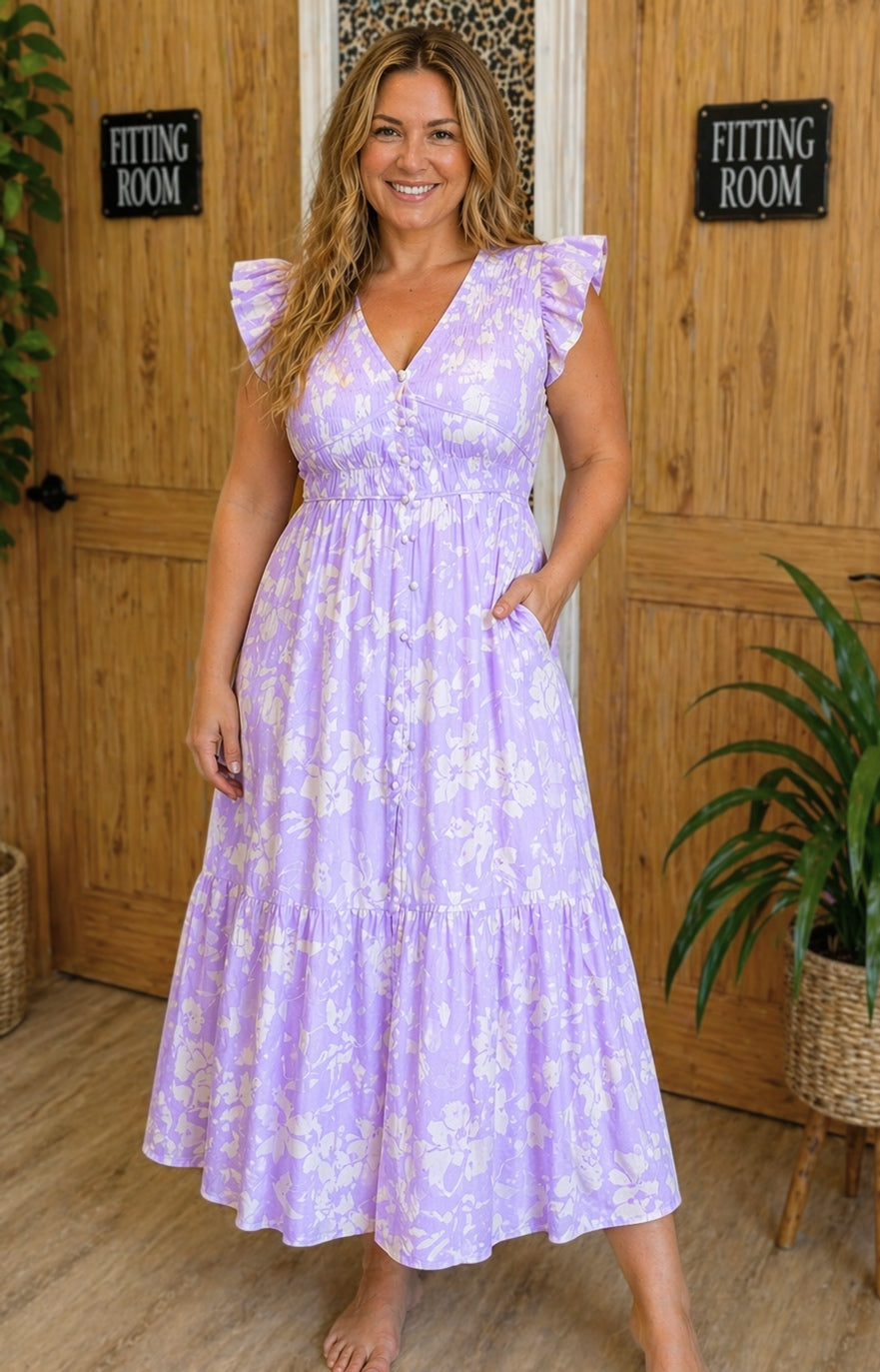 Women’s purple floral button up dress