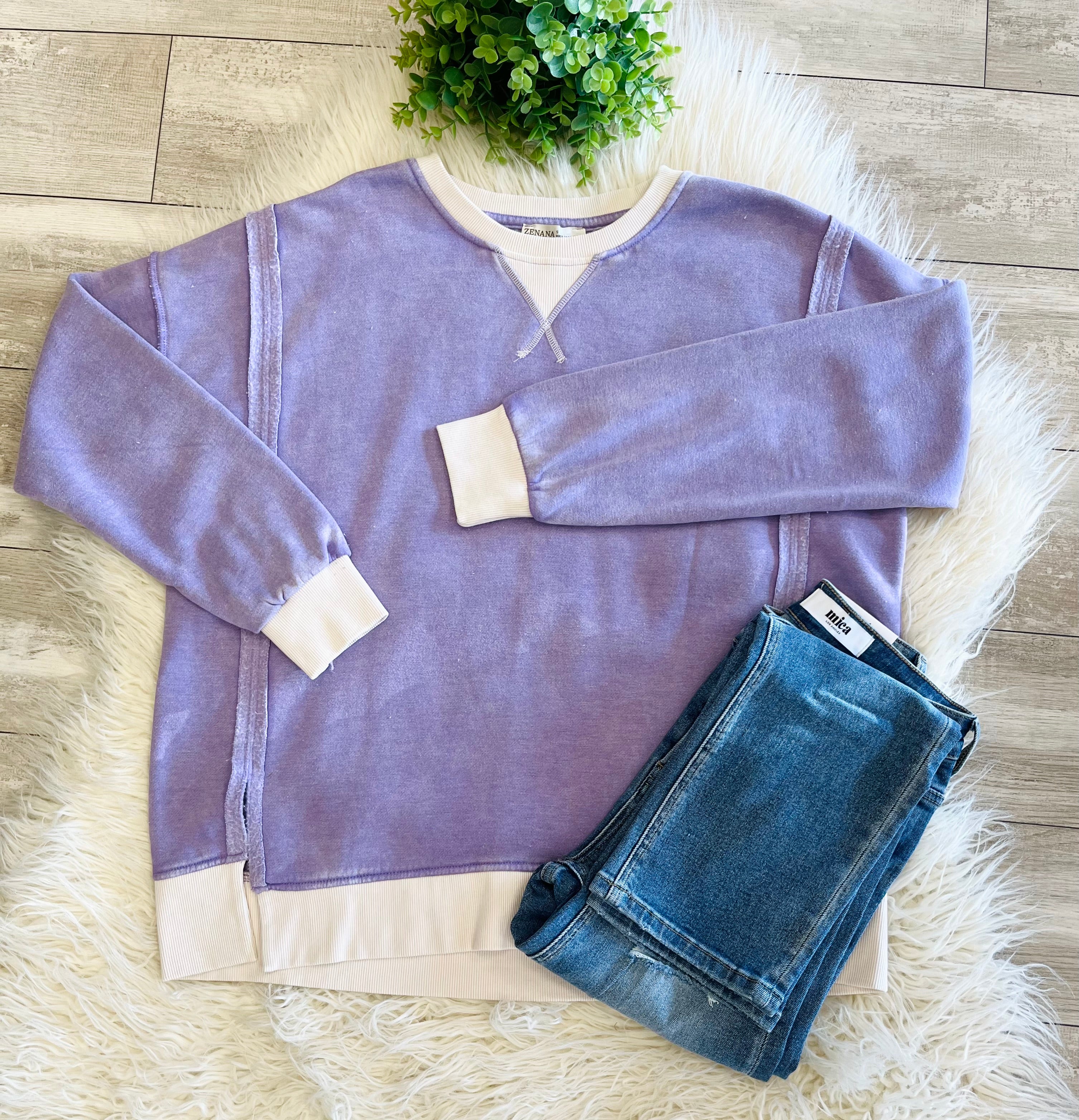 Women’s Zenana Washed Exposed Seam Sweatshirt In Lavender