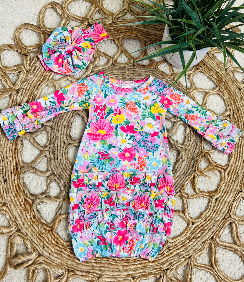 Clover Cottage Multicolor Floral Gown with Headband