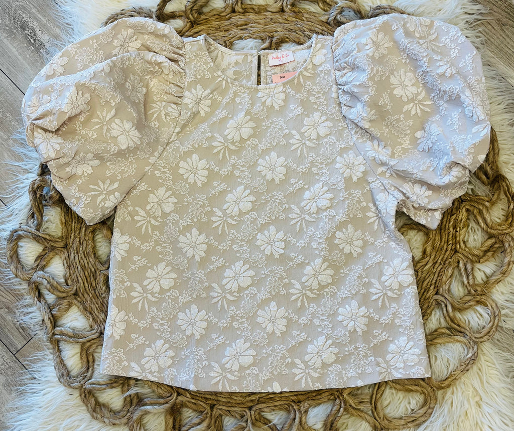 Women’s Taupe Floral Jacquard Puff Sleeve Top
