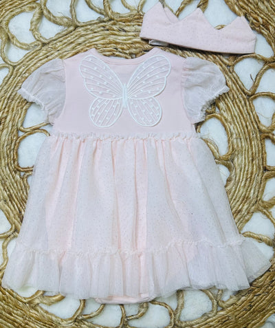 Girls Mayoral Butterfly Backing Ruffled Onesie With Crown Headband