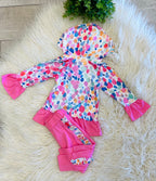Girl’s Colorful Watercolor- Spot Ruffle Pink Kangaroo Pocket Outfit