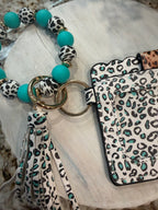 Wristlet ID Badge Pouch Keychain Teal Cheetah