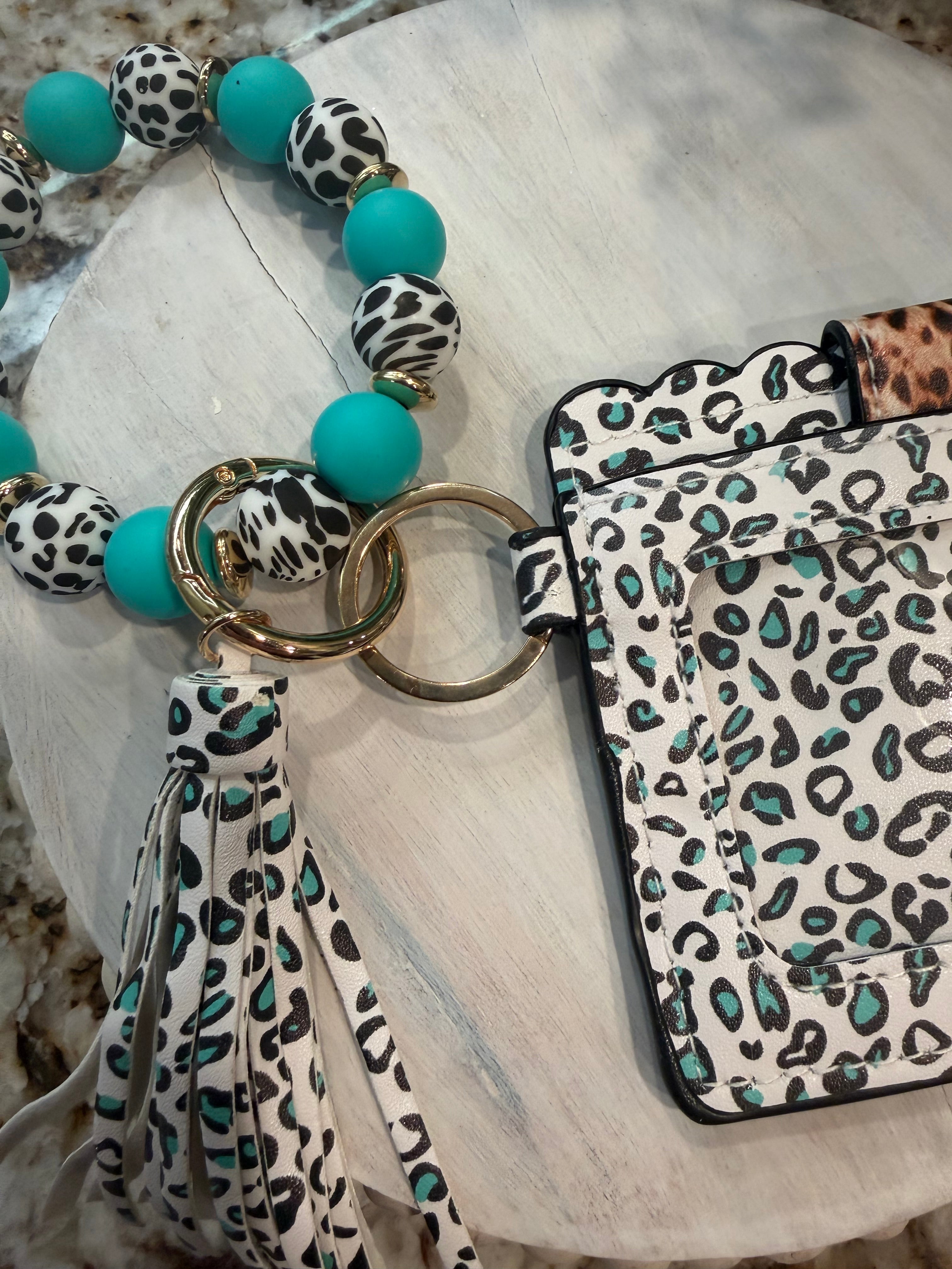 Wristlet ID Badge Pouch Keychain Teal Cheetah