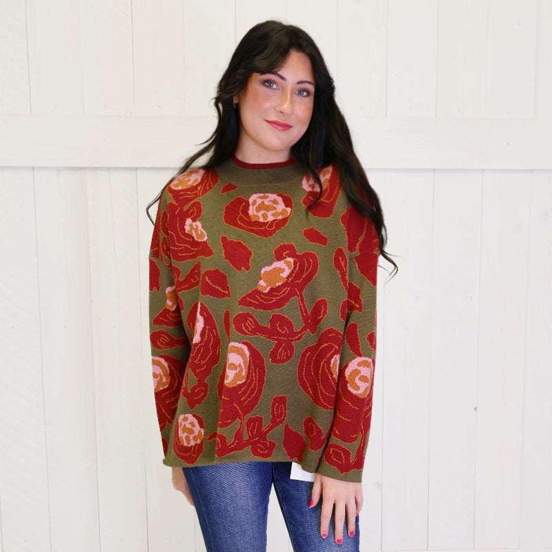 Olive Mock Neck Sweater with Rose Print