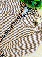 Women’s Brown Stripes with Leopard Trim Along The Neckline & Button Placket Blouse
