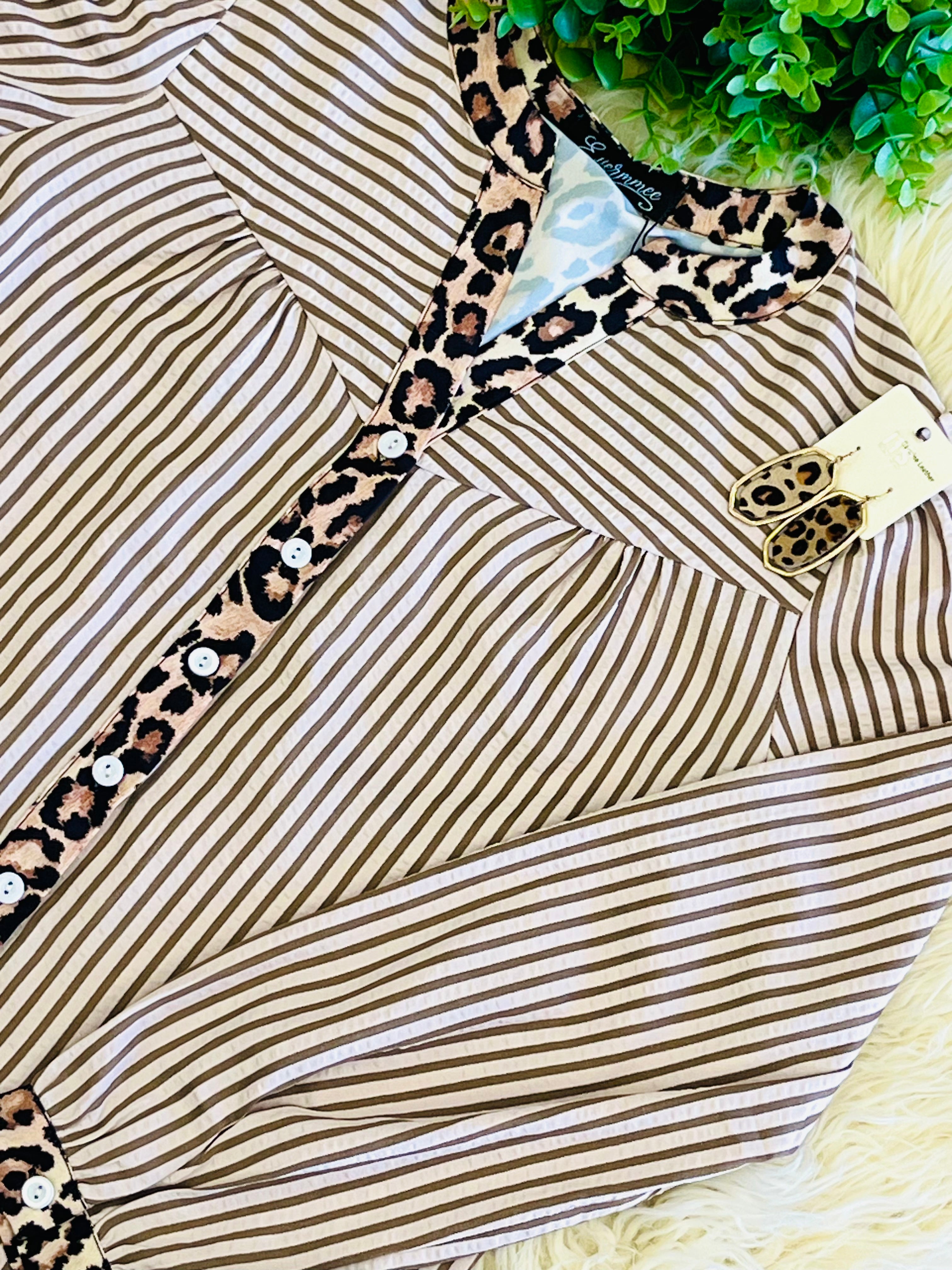 Women’s Brown Stripes with Leopard Trim Along The Neckline & Button Placket Blouse
