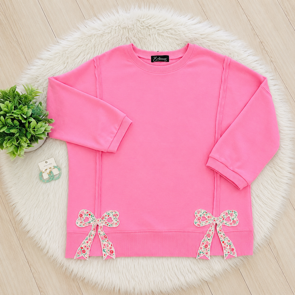 Women’s Evermmee Pink Oversized Top with Floral Bow Patches