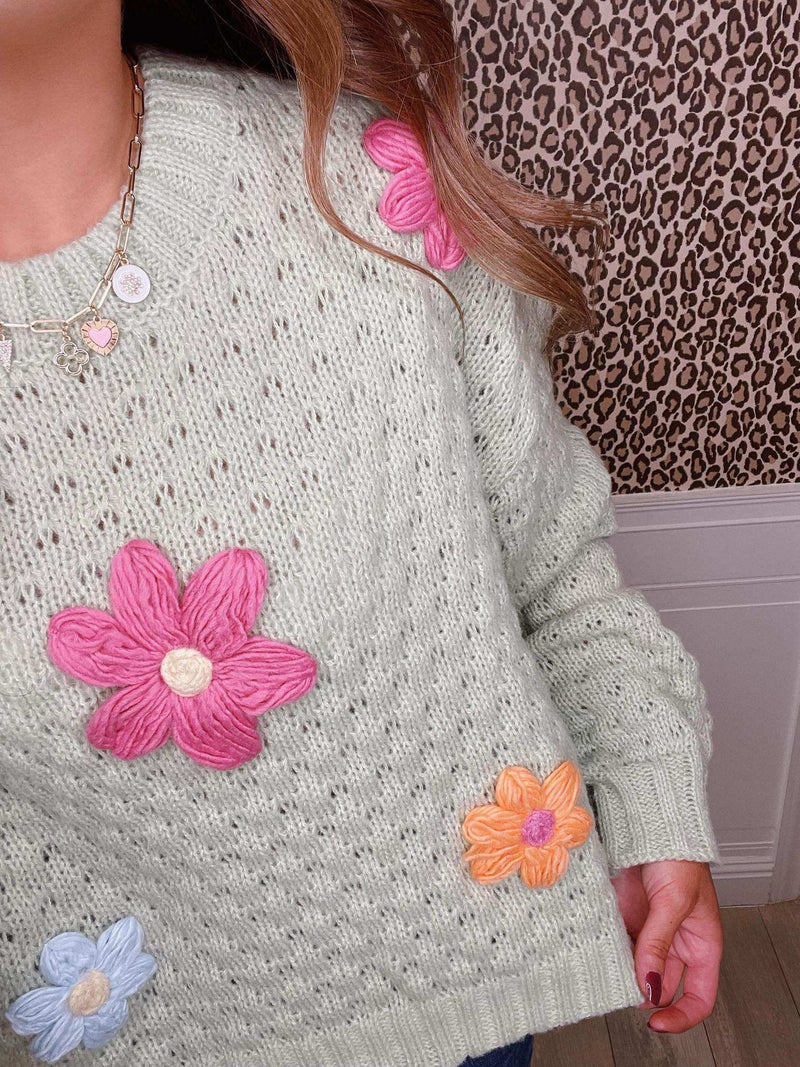 Pale Green Knit Sweater with Flowers - Mini Mee Boutique