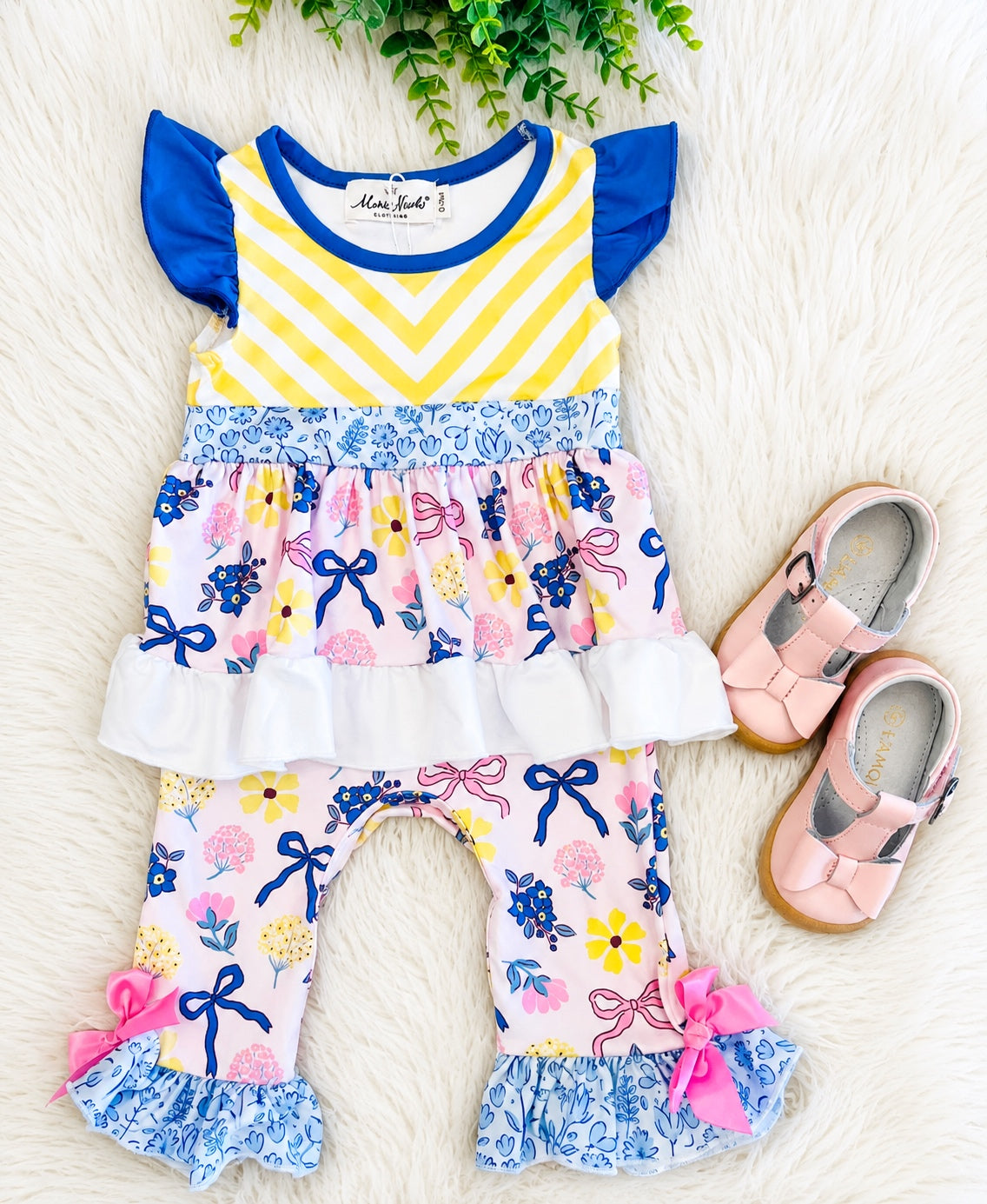 Girls Sunny Striped Floral Ruffle Romper