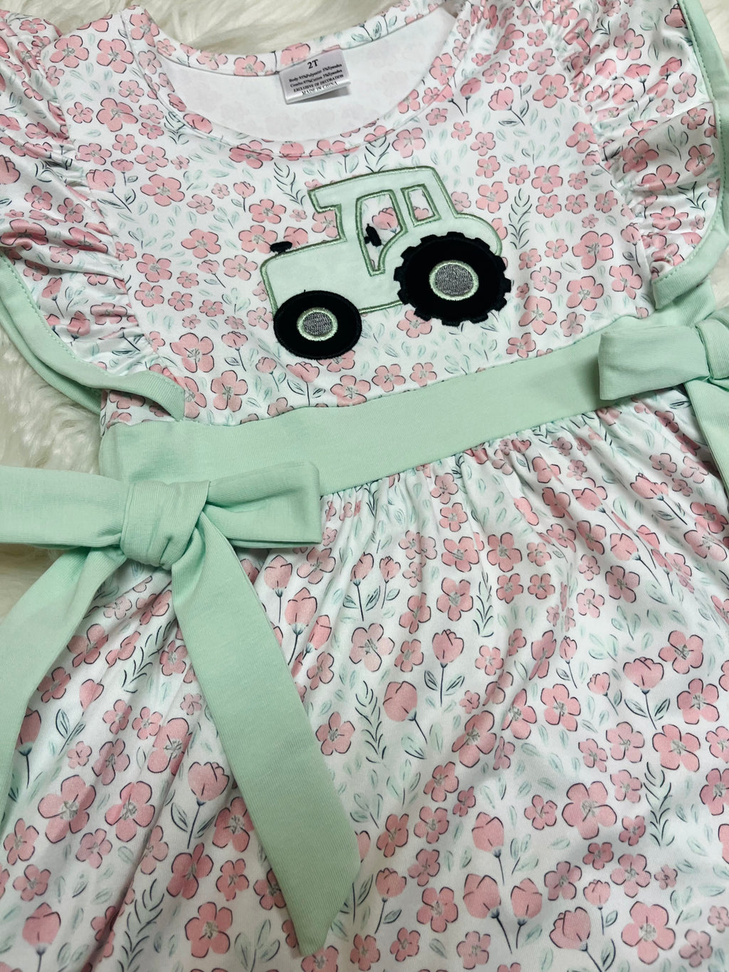 Girl’s Pink and Sage Floral Print Tractor Dress