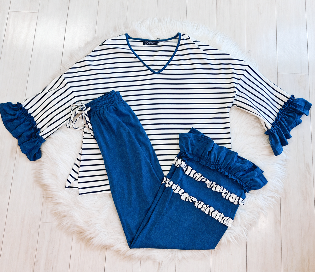 Women’s Evermmee Navy Striped Ruffle Set - Loose Fit