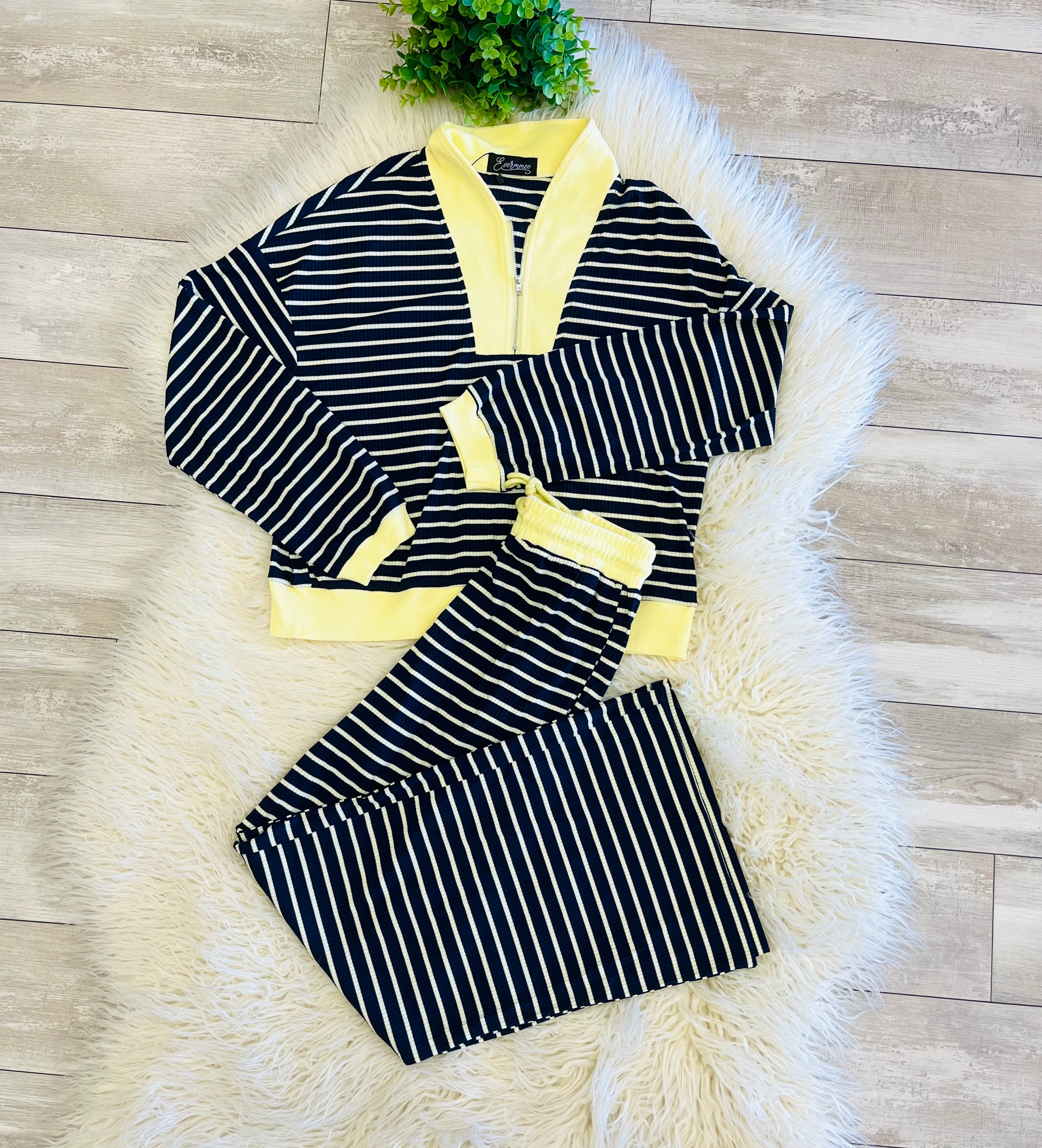 Women’s Navy & Yellow Stripe Quarter Zip Set
