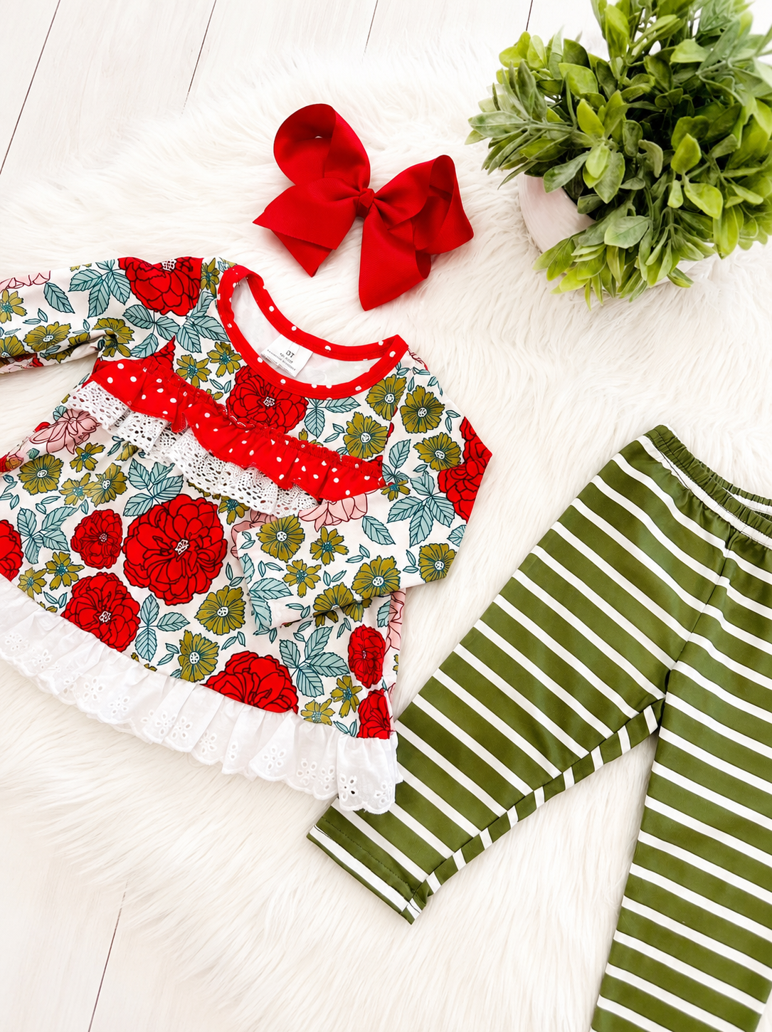Girl’s Red and Green Floral Stripe Pant Outfit Set