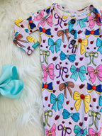 Girl’s Mixed Colored Bow Printed Knotted Gown with Matching Headband