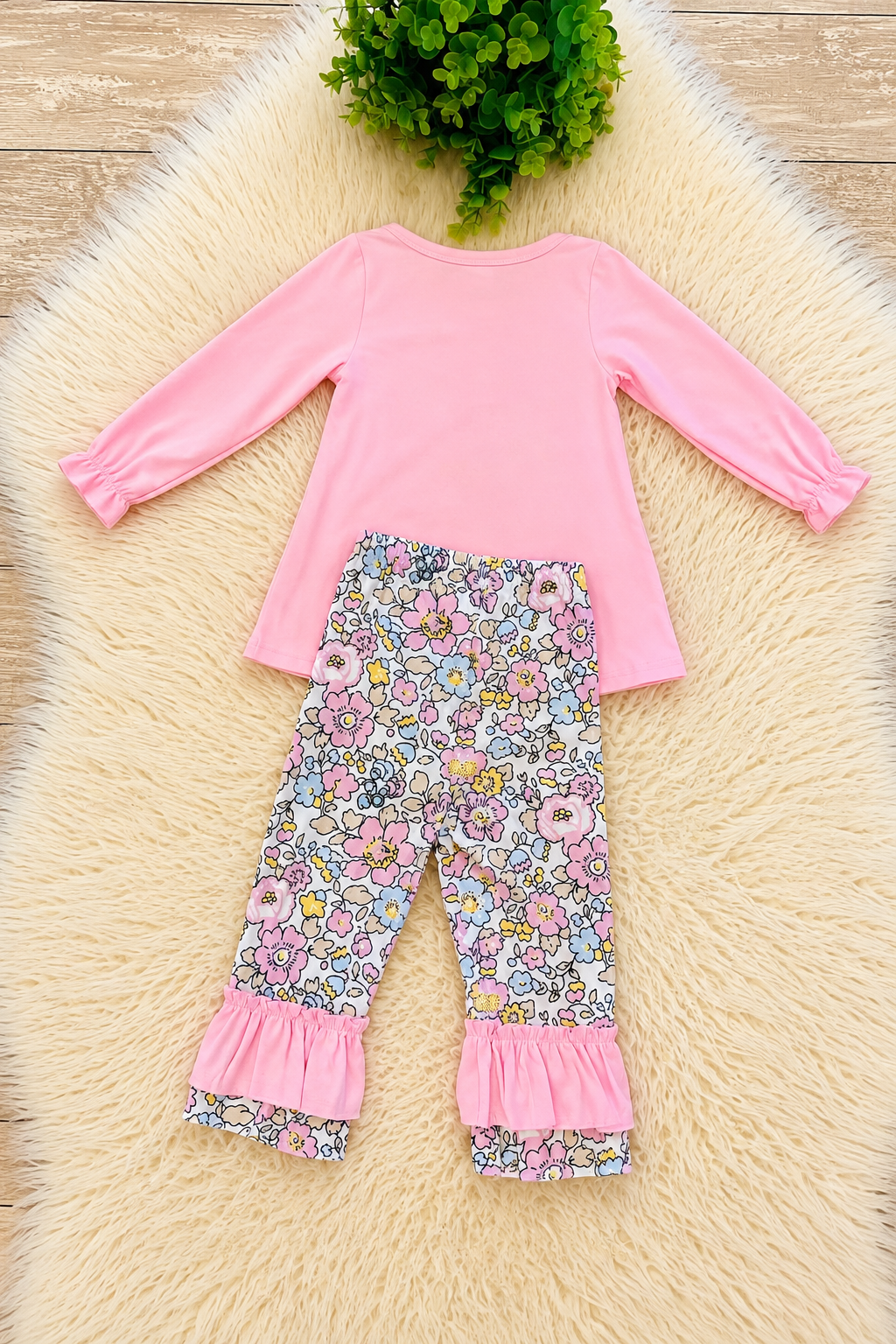 Girls Pink Bow Floral Ruffle Pant Outfit