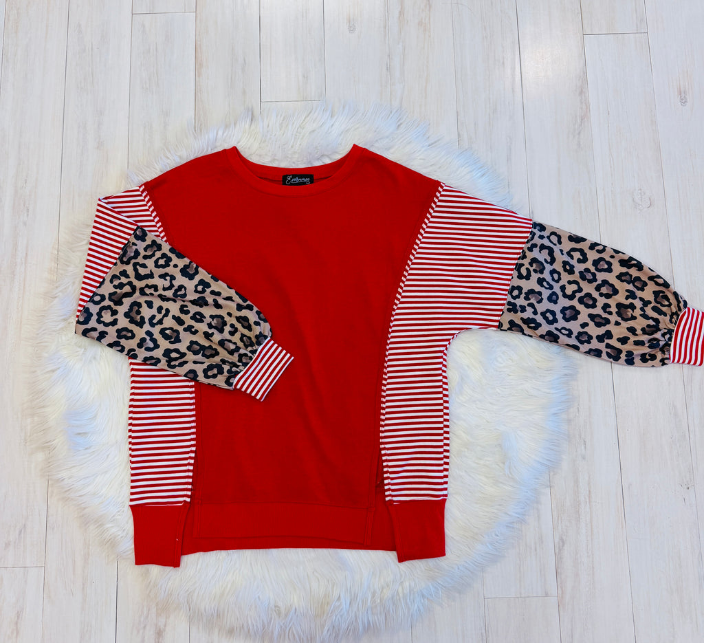 Women’s Evermmee Red Stripe Pullover with Leopard Sleeves