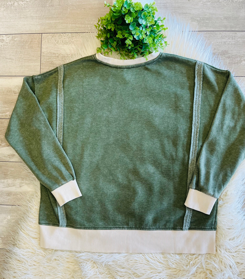 Women’s Zenana Washed Exposed Seam Sweatshirt In Olive Green
