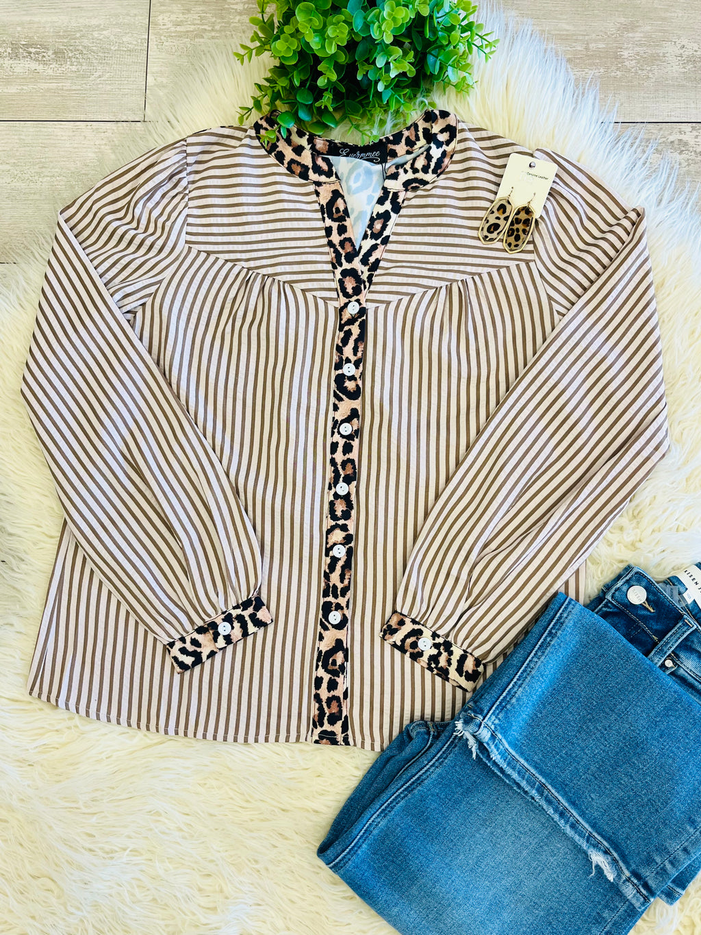 Women’s Brown Stripes with Leopard Trim Along The Neckline & Button Placket Blouse