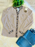 Women’s Brown Stripes with Leopard Trim Along The Neckline & Button Placket Blouse