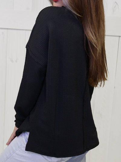 Zenana Ribbed Raw Edge Pocket Top Black