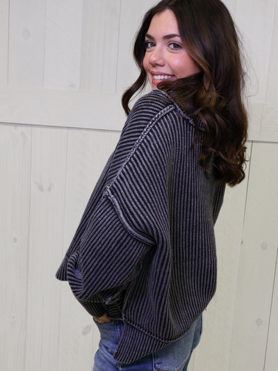 Black Washed Side Slit Oversized Cropped Sweater