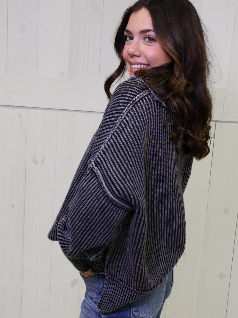 Black Washed Side Slit Oversized Cropped Sweater