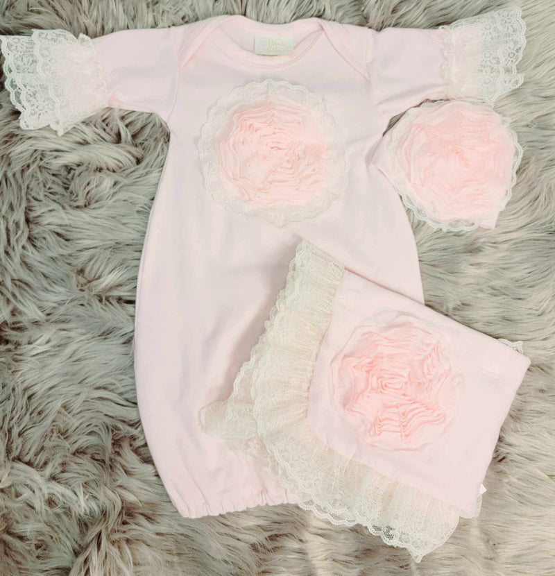 Baby Pink Lullabye 3 Piece Gown Set (Gown, Hat, and Blanket) - Mini Mee Boutique