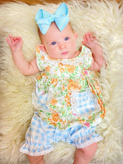 Girls White Floral With Checkered Blue Bottoms 2 Piece Set - Mini Mee Boutique