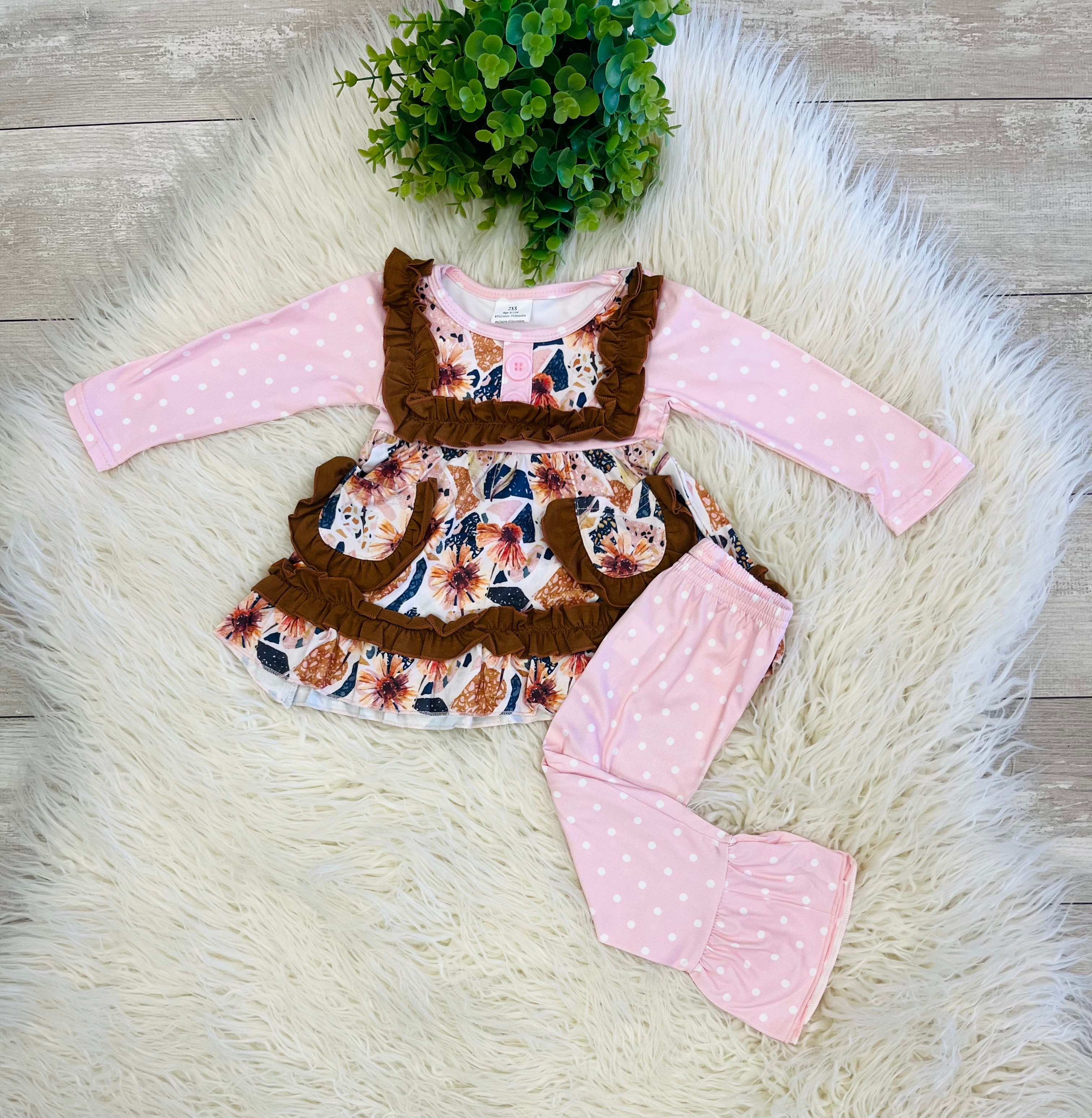 Girl’s Fall Floral Pink Polka Dot Pants Outfit